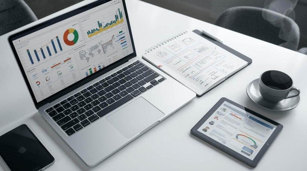 Social media marketing in Dudley workspace showing laptop with growth charts performance analytics and strategic planning notes for West Midlands business development . Mauawiyah Digital Marketing