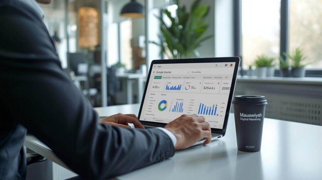 Digital marketing services consultant analysing UK business growth data and strategy dashboard in modern office