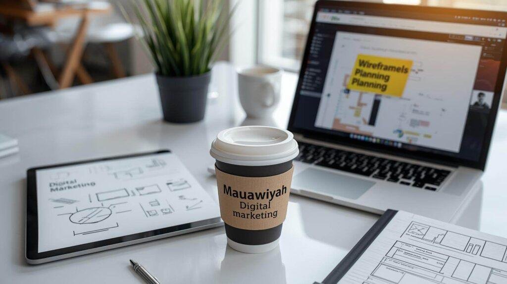 Professional website design in Dudley planning workspace with wireframe sketches laptop showing UX design tools and strategic planning materials for West Midlands businesses 