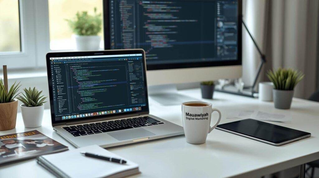 Contemporary website design in Dudley workspace featuring MacBook with design software professional desk setup for West Midlands web development . Mauawiyah Digital Marketing