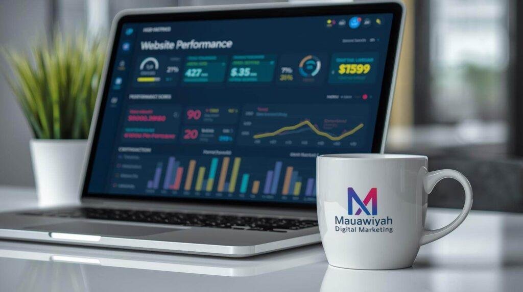 Website design in Dudley performance dashboard displaying speed metrics and technical optimisation scores for West Midlands businesses. Mauawiyah Digital Marketing