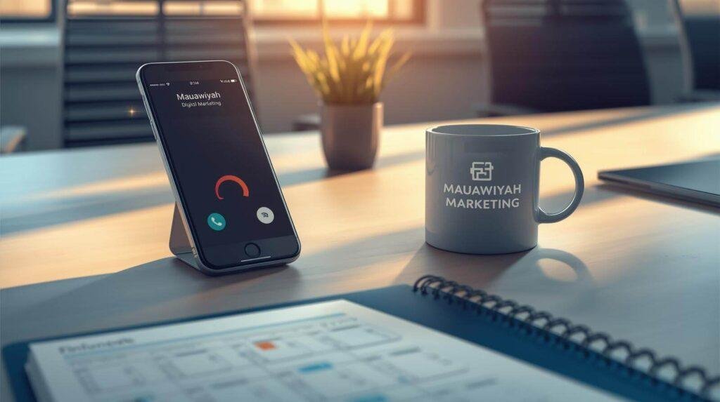 Free social media marketing in Dudley consultation booking with smartphone displaying incoming call and tea cup featuring Mauawiyah Digital Marketing branding. Mauawiyah Digital Marketing