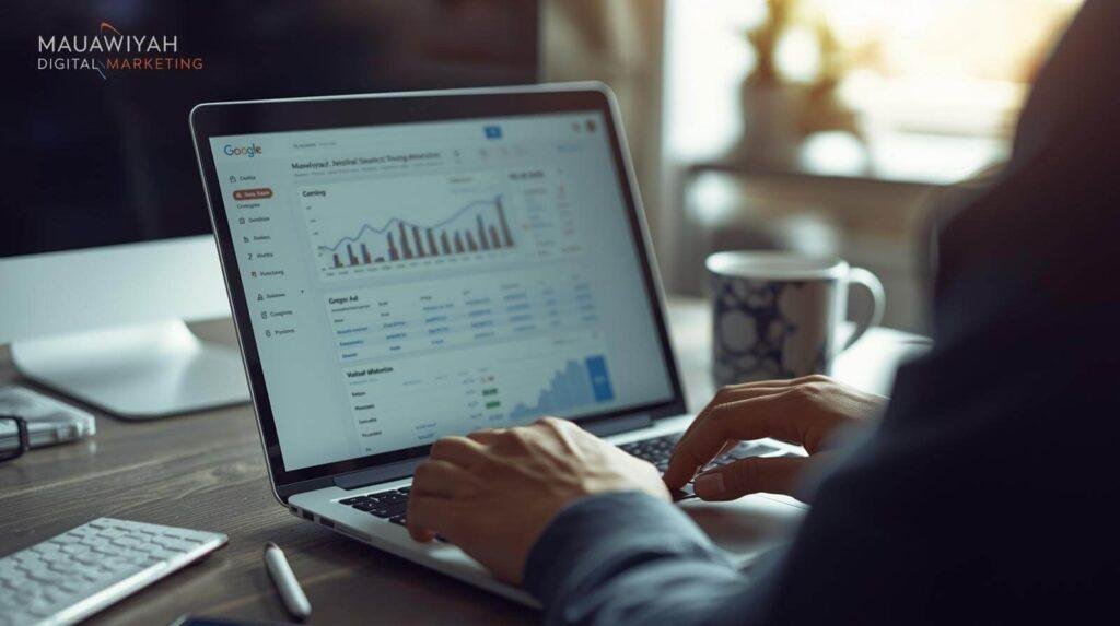 Google Ads management in Dudley. Google Ads consultant Dudley analysing campaign performance metrics at professional workspace for West Midlands digital marketing
