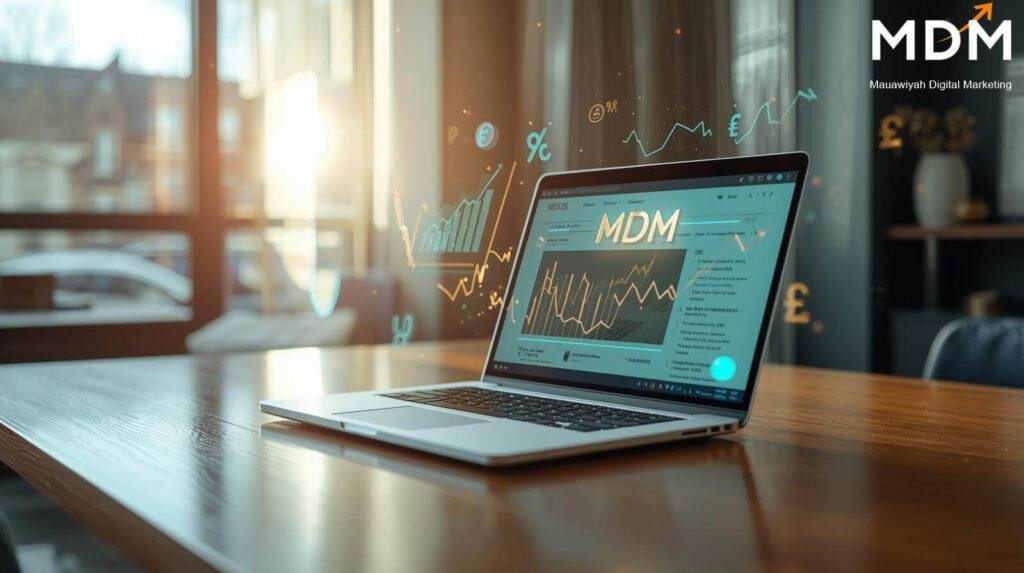 UK small business owner reviewing blog analytics and customer enquiries on a laptop — blog writing performance data showing content marketing results