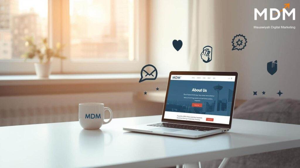 How to Write a Good About Page?  UK Customers Instantly Trust in 2026. UK business owner creating a good About page with professional photographs and credentials on laptop screen how to write a good About page -