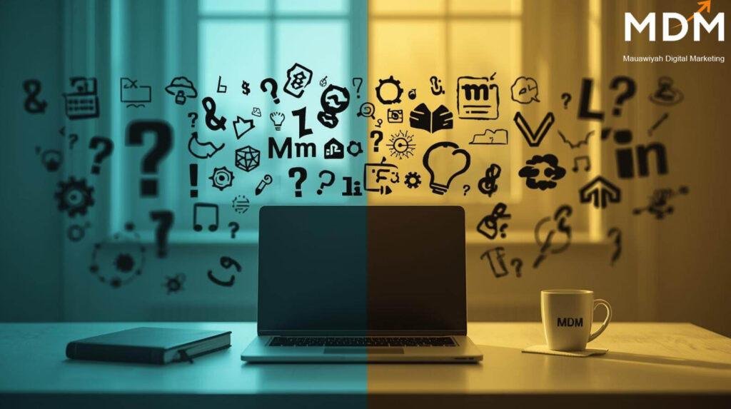 UK small business owner learning digital marketing jargon explained with notebook and laptop showing marketing terms glossary.