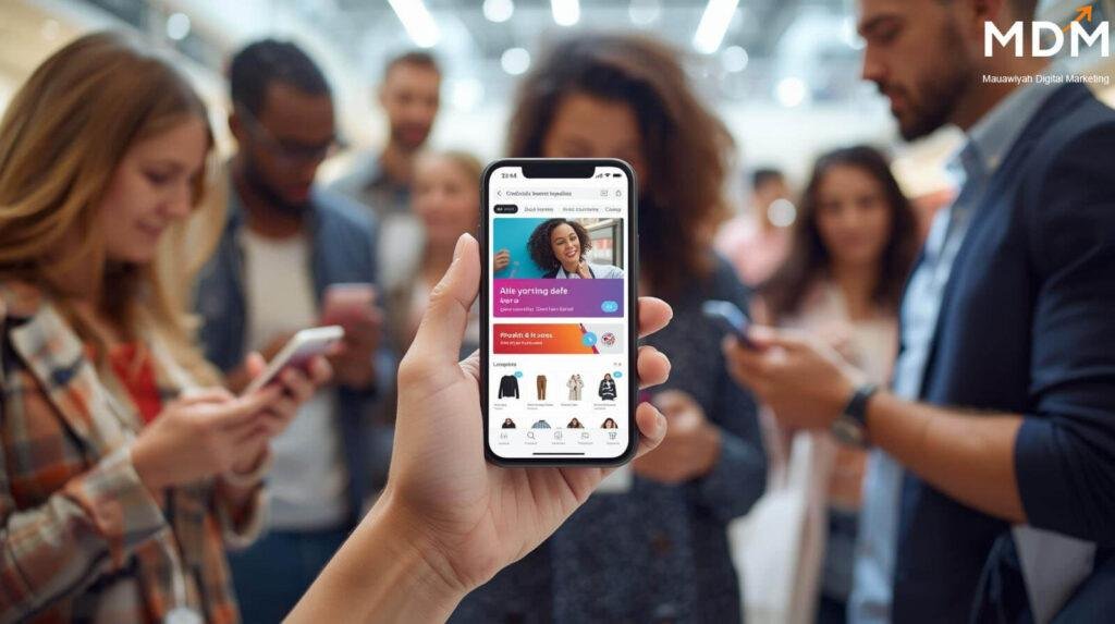 Mobile-First Web Design for UK Businesses in 2026 - Mauawiyah Digtal Marketing mobile-first web design showing UK customers browsing and shopping on smartphones