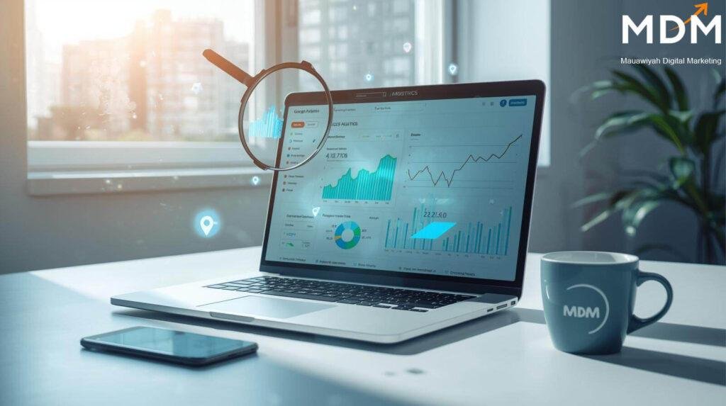 UK business owner tracking how UK businesses can track and improve SEO performance with Google Analytics on laptop showing organic traffic data -