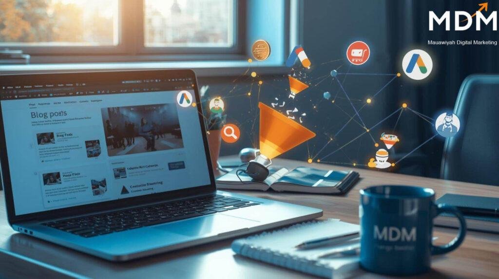 UK SME owner reviewing blog content analytics and Google Ads dashboard showing combined content and paid search performance
