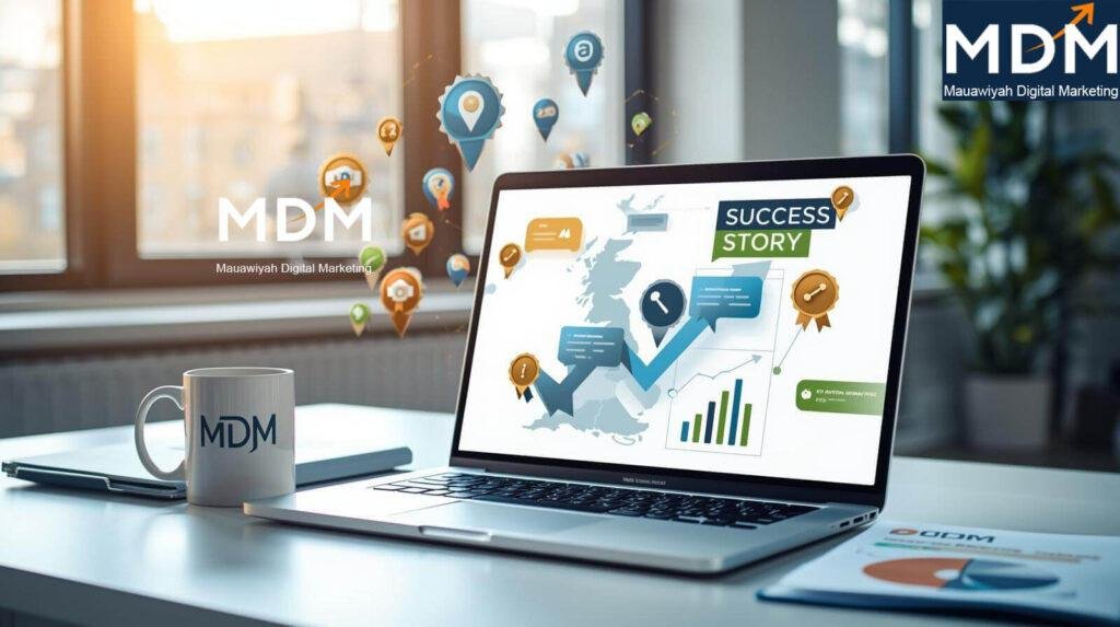 How to Use Case Studies to Win More Clients UK UK business owner learning how to use case studies to win more clients reviewing client success story on laptop