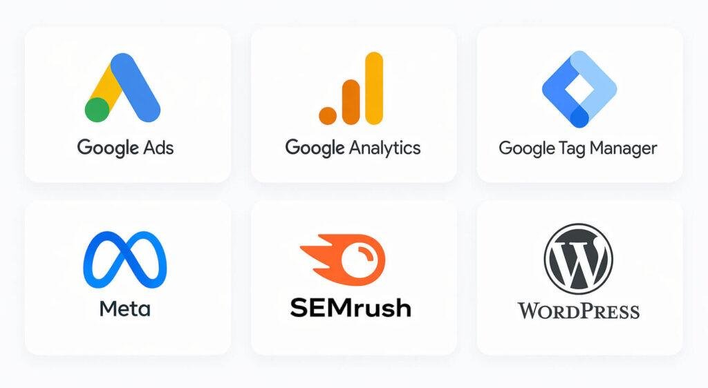 industry-standard platforms including Google Ads, Google Analytics, Google Tag Manager, Meta, SEMrush and WordPress to deliver measurable results for UK businesses